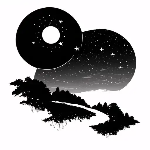 Fine Line Nature Scene At Night With Single North Star And Crescent Moon