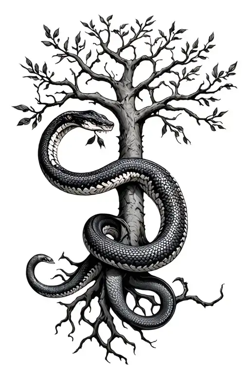 Snake Intertwined With Tree Roots Growing