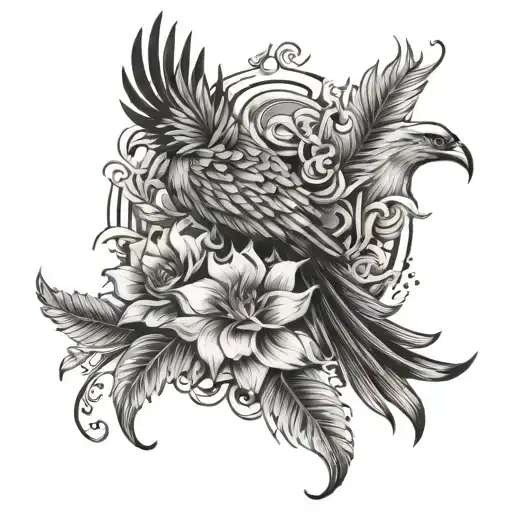 Thigh Tattoo Phoenix With Tropical Flowers