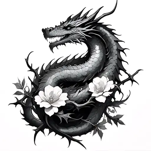 Dragon Wrapped Around Thorn Flowers