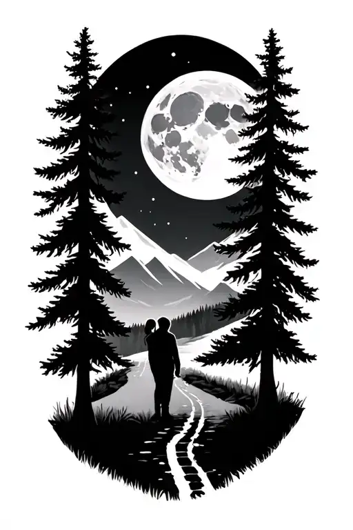 Pine Forest With One More Road A Couple And The Moon