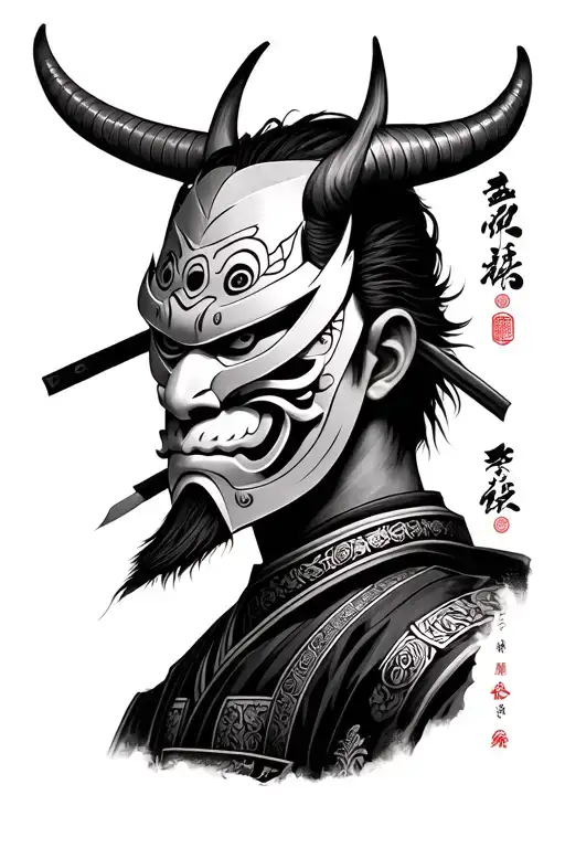 Realistic Ronin Samurai Half Body With Oni Mask