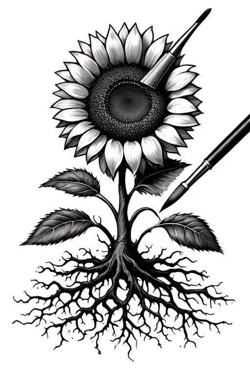 Shrub With Roots Going To Divide Into A Sunflower On One Side And A Painter's Brush On The Other