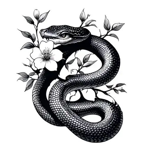 Snake Coiled Around Tree Flowers Biting Its Tail
