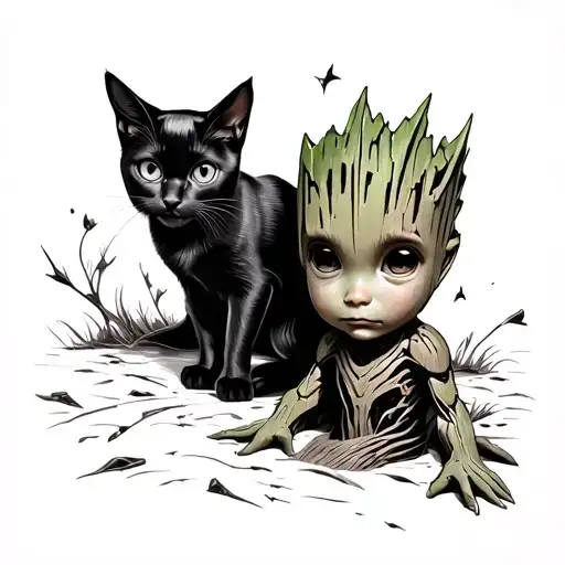 2 Black Cats And Baby Groot