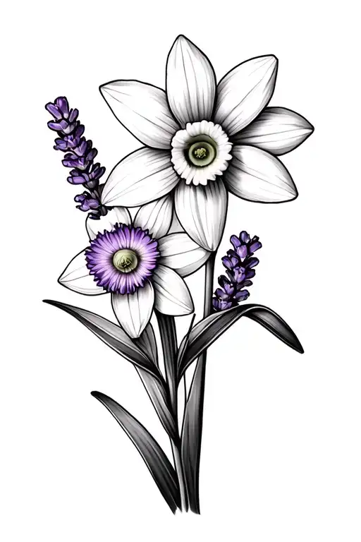 Lavender Flowers And One Daffodil Flower With Shading