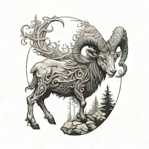 A Detailed Blackwork Tattoo Of Aries In The Woods