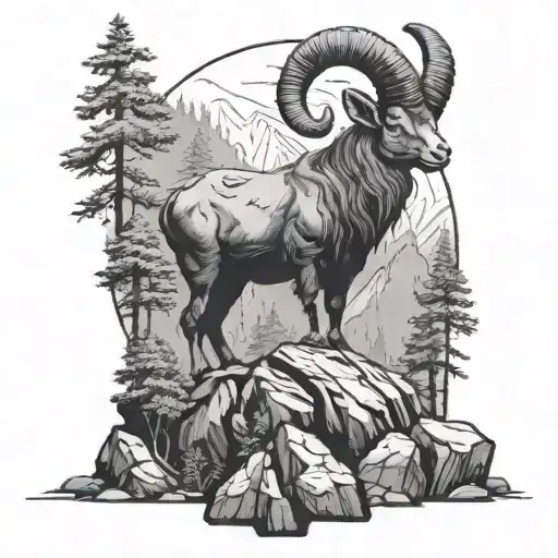 A Detailed Blackwork Tattoo Of Aries Standing On A Rock In Front Of A Majestic Forest