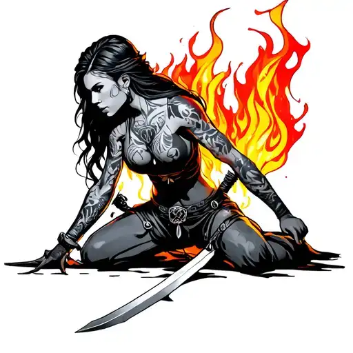 Female Warrior With A Sword Kneeling With Colorful Flames Around Her