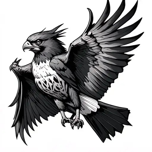 Neo Traditional Tattoo Falcon Fights With Bat Flying