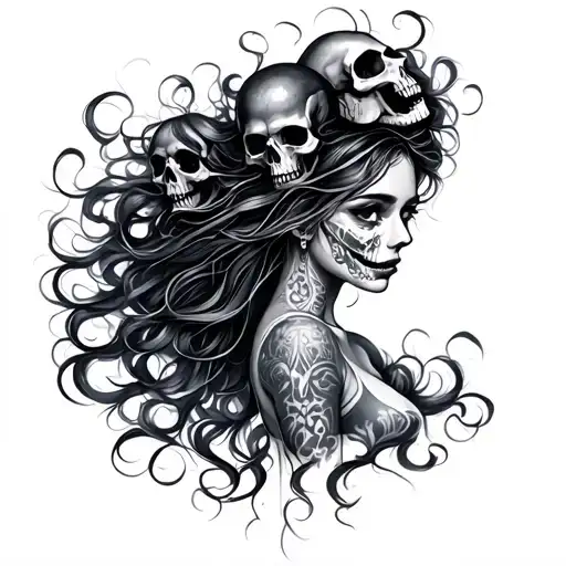 Beautiful Female With Hair Spread And Skulls Emerging From The Hair