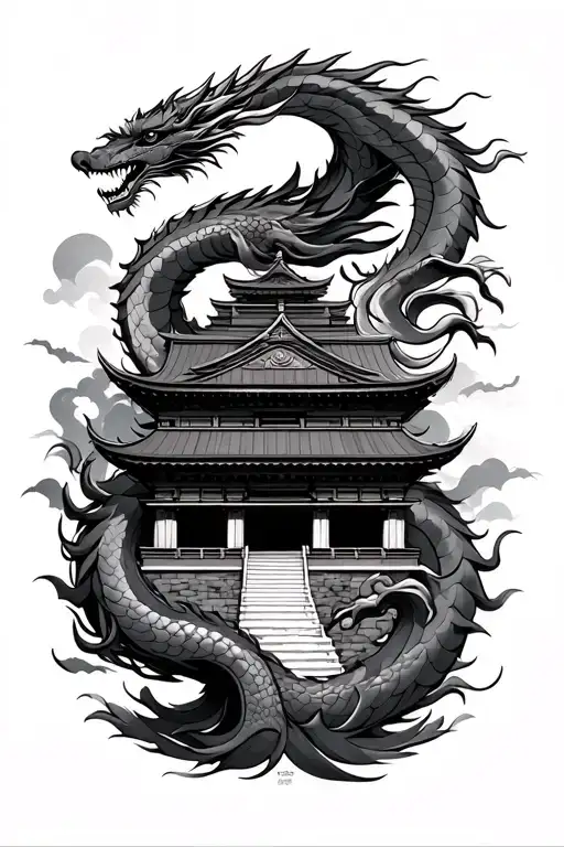 Japanese Temple Surrounded With Dragon