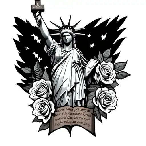 Statue Of Liberty Holding Cross With Roses In The Back And Bible Verse