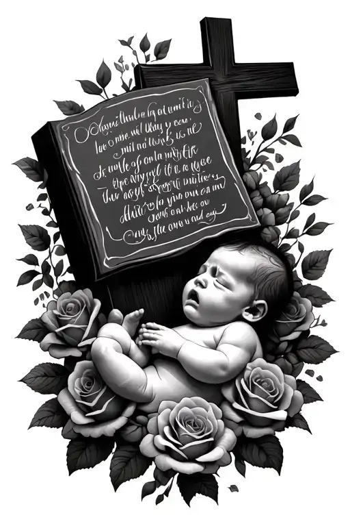 Cross With Roses Behind And Baby Crying With Bible Verse