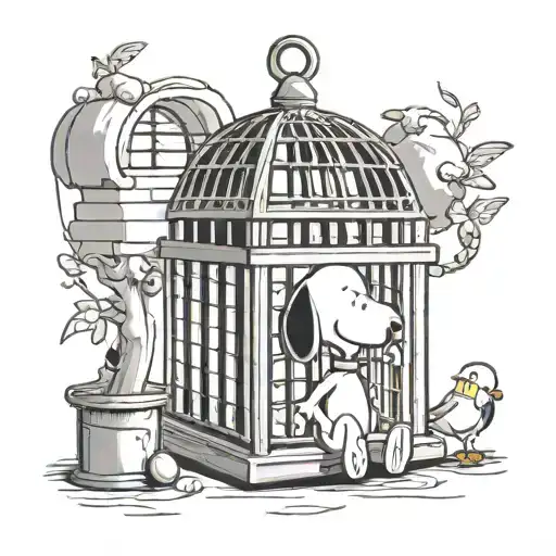Snoopy In Tweety Bird's Cage With Sylvester Beside
