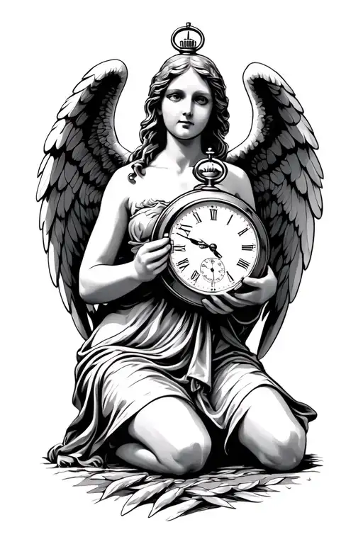 Angel Kneeling With Wings Wrapped Round Holding A Pocket Watch With Two Different Dates