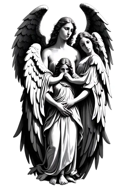 Three Angels With Wings In Increasing In Size Holding Hands
