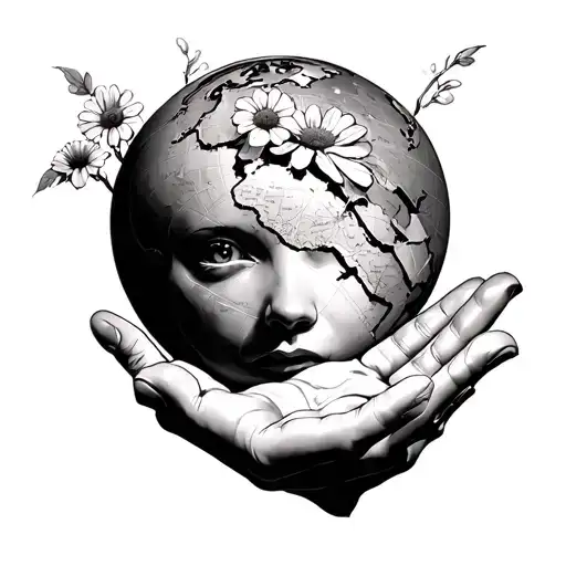 Head No Eyes But With Flowers With The Hand Reaching Out To A Globe