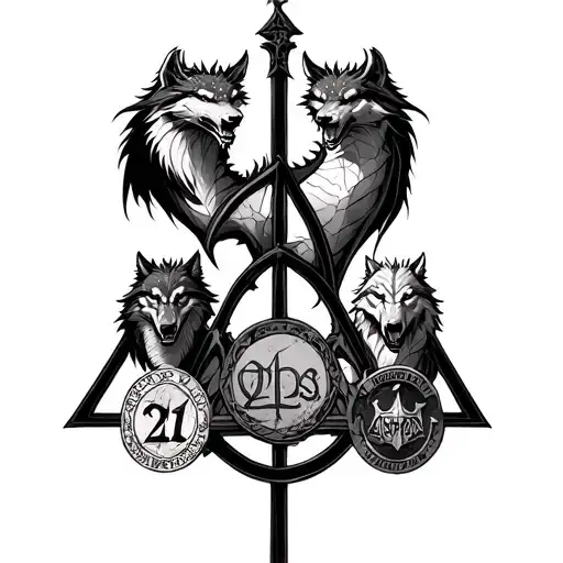 Harry Potter Deathly Hallows With Dragon And Wolf Holding Marathon Medals