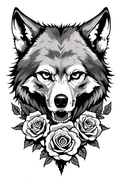 Wolf With Roses And Skull