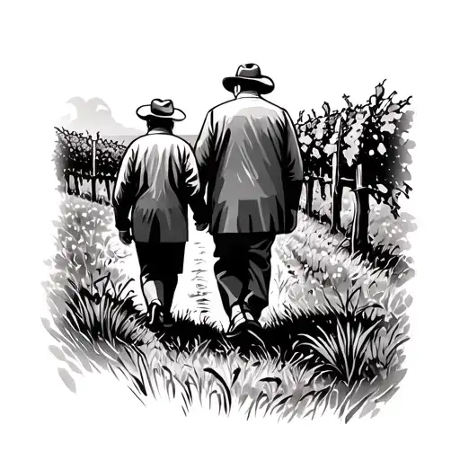 Grandfather And Grandson Walking Near A Vineyard