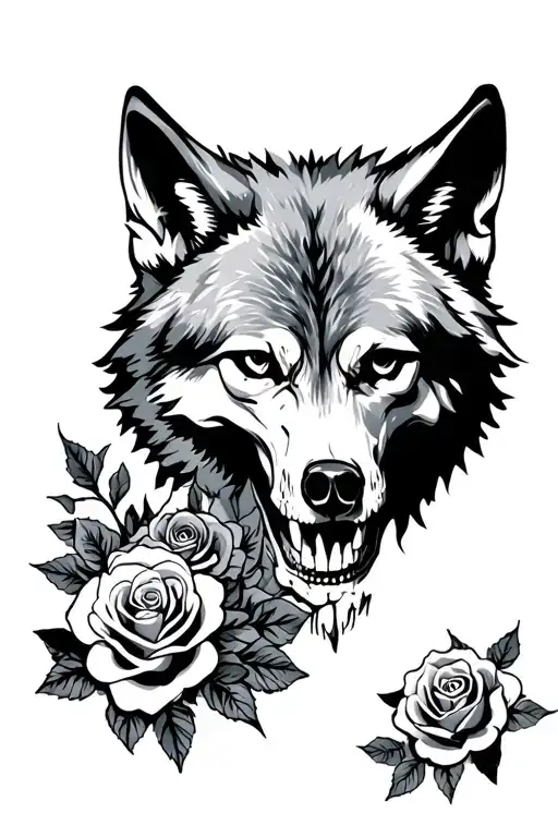 Wolf With Roses And Skull