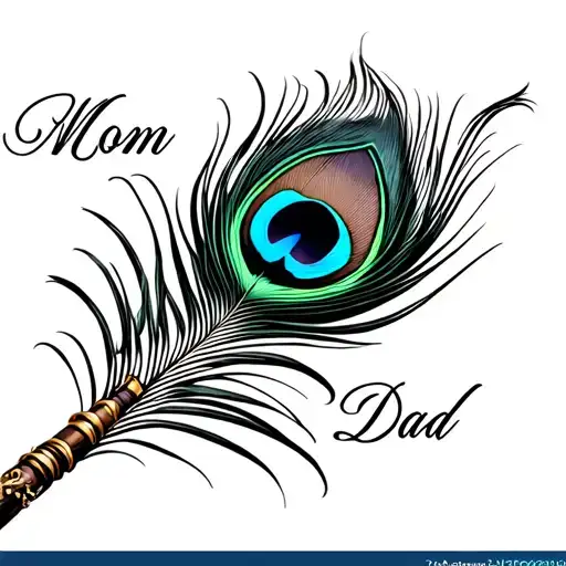 A Peacock Feather With Krishna Flute With Words Written Mom Dad