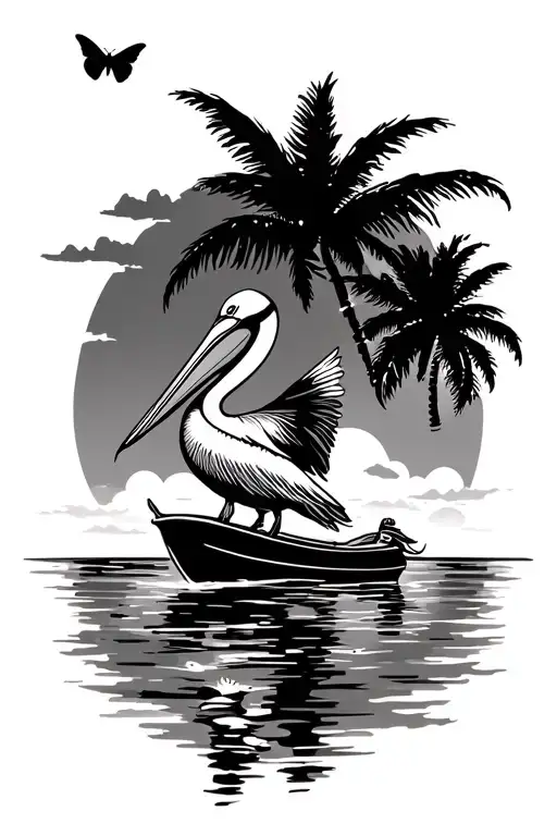 Tropical Beach Sunset Pelican Flying Butterfly Sailboat