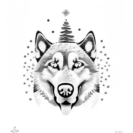 Dog Pawprint With Snowflakes And Husky Silhouette