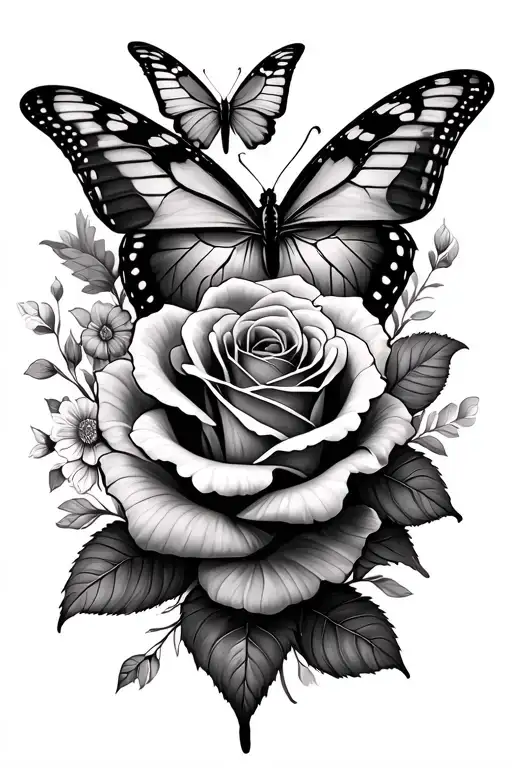 Roses And Butterflys No Color Tattoo Design