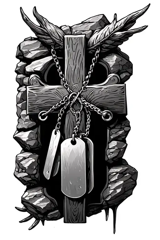 Dog Tags Hanging On Cross That Is In A Rock Inspired