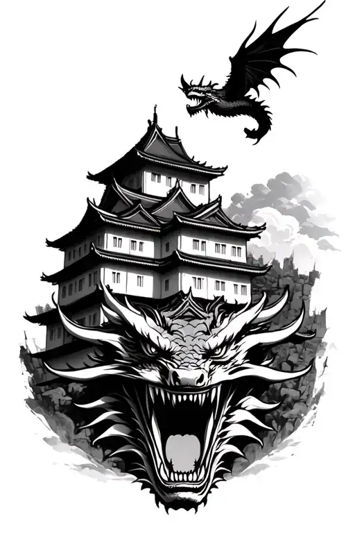 Japanese Castle In Ruin With The Face Of A Dragon Flying Above