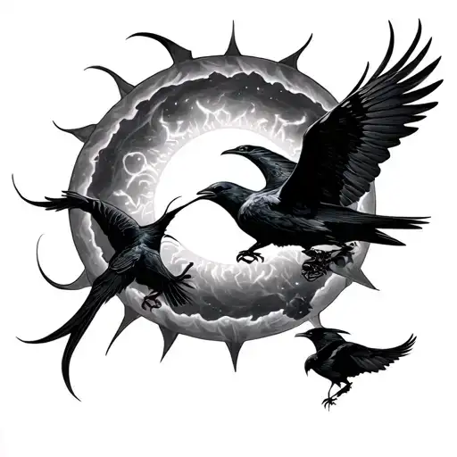 A Blacksun Souronden By Runes And Two Raven Flying