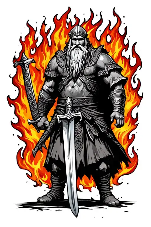 Viking Man Standing With Sword Surrounded By Flames