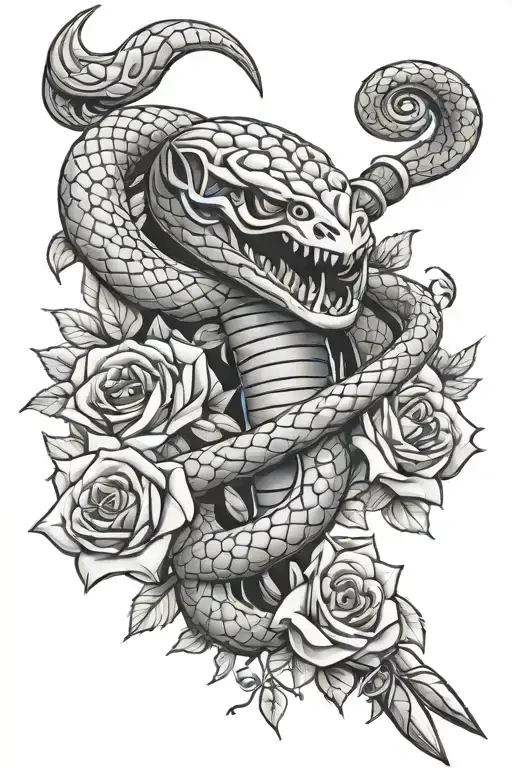 Cobra Wrapped Around Sword With Roses