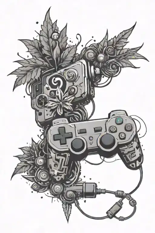 A Pixelated Weed Leaf Intertwined With Gaming Symbols Like A Joystick And Console Buttons