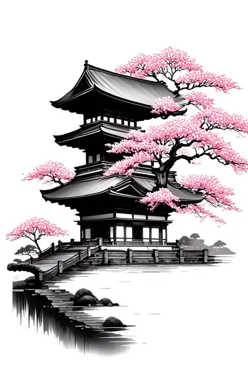 Japanese Temples In Profile With Cherry Tree