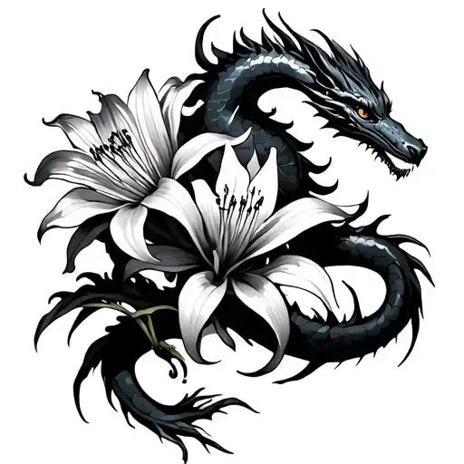 Small Fine Line Dragon Wraped Around A Spider Lily Flower