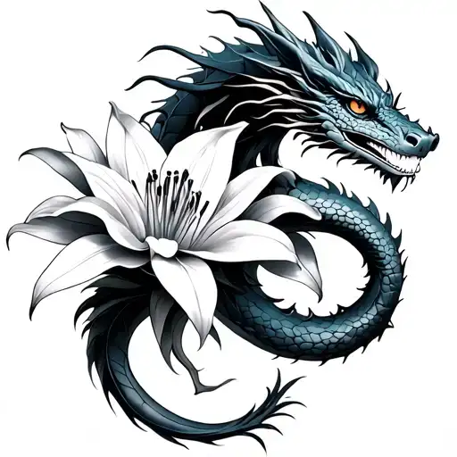 Small Fine Line Dragon Wraped Around A Spider Lily Flower