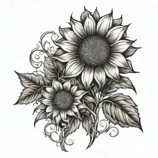 Sunflower And Cross With Vines And Leaves