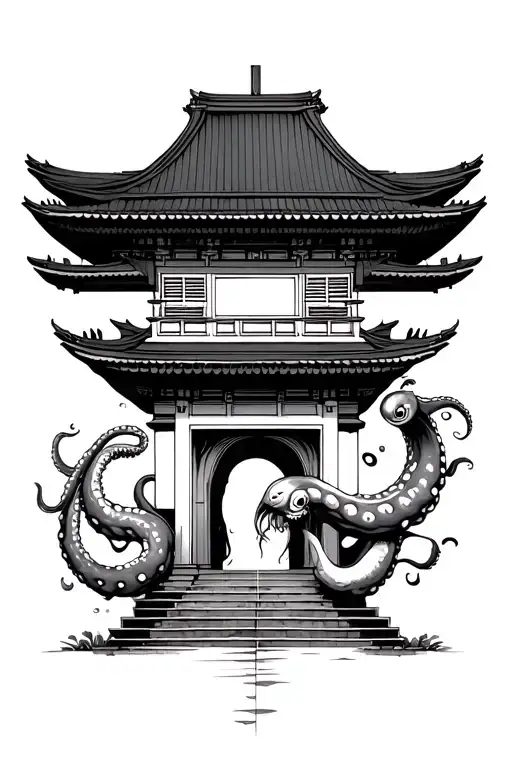 Japanese Temple With An Octopus Tentacle Coming Out The Front Door