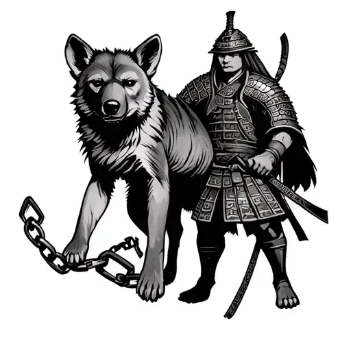 A Samurai Holding A Hyena On A Chain