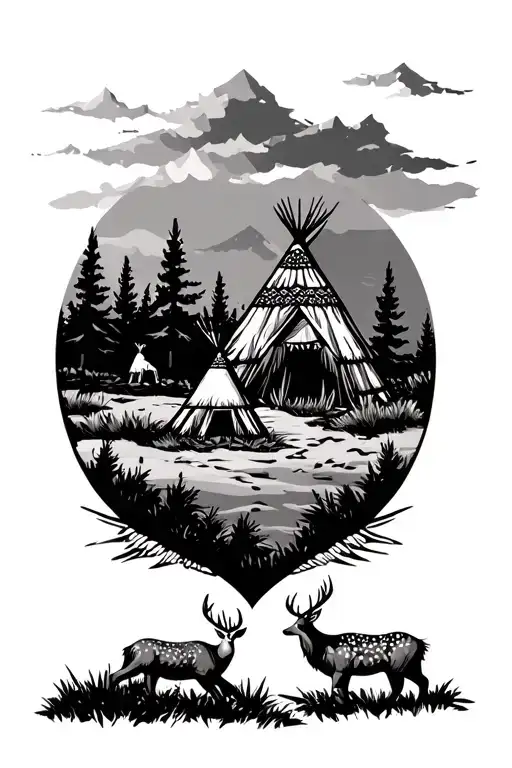 Native American Landscape Featuring Teepees And Deer