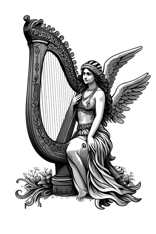 Indian And Irish Harp With Angel