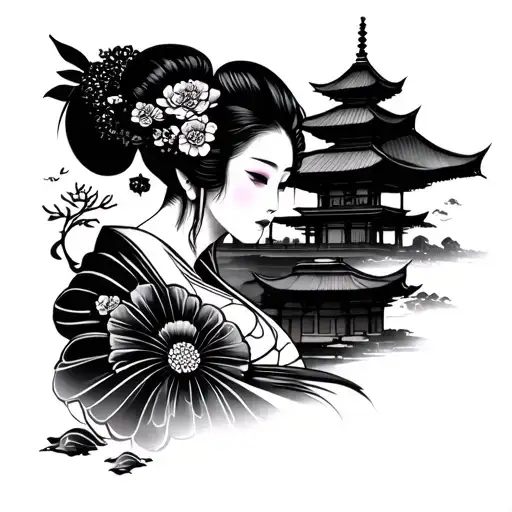Geisha With Temple Background