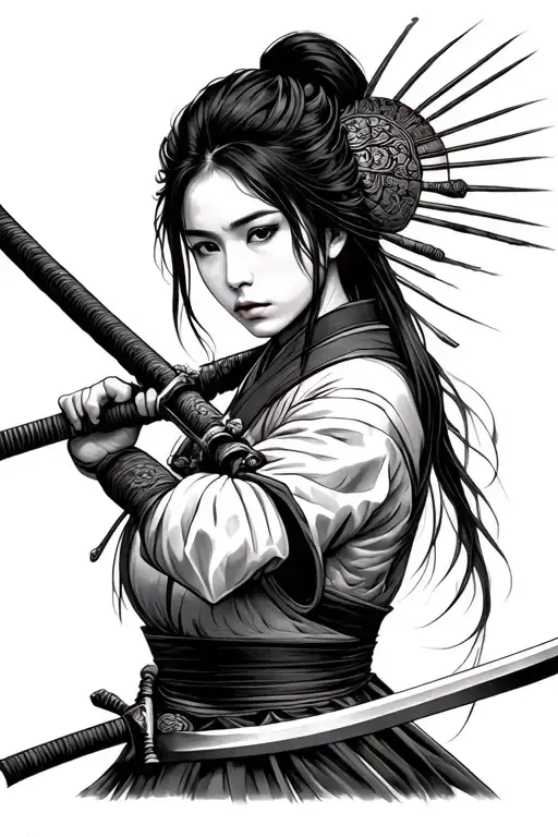 Portrait Of A Samurai Woman With Hair Down Drawing Her Sword