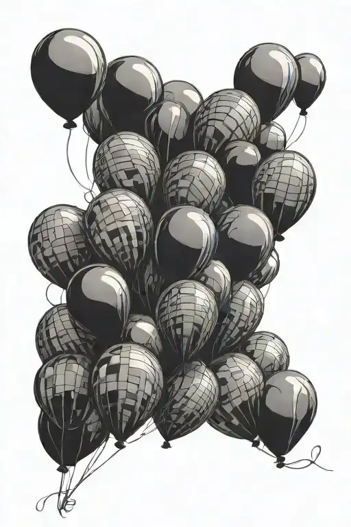 Six Black Balloons And One Balloon Floating Away