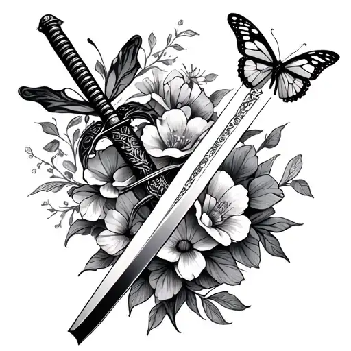 Katana Sword Tattoo Design With Butterflies And Flowers