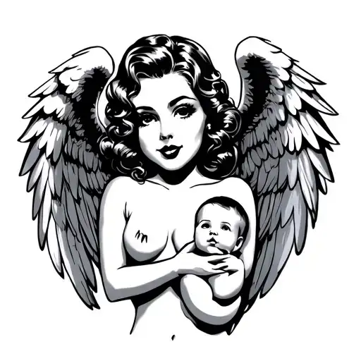 Pin Up Girl Angel Wings Standing Up With Baby