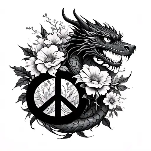 Flowers And Dragon Peace Cool Simple And Unique Tattoo With Beautiful Design For Half Sleeve